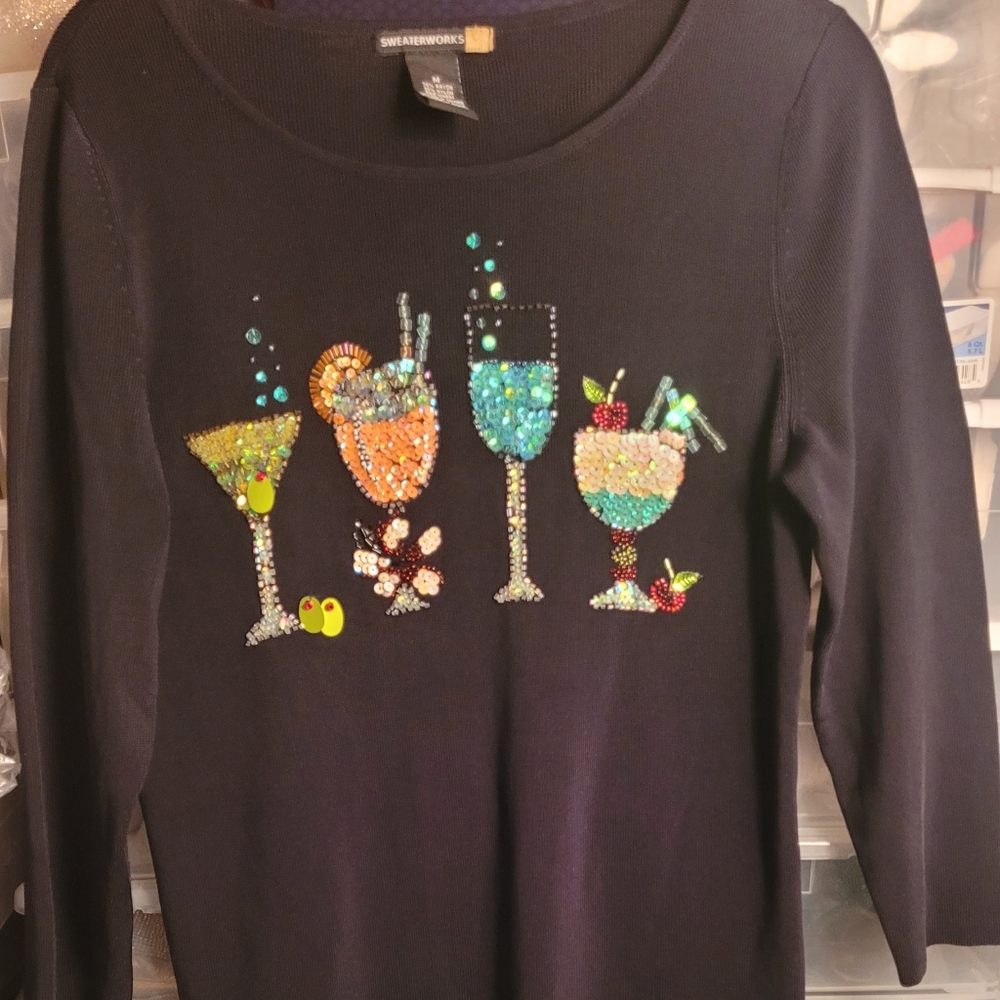 Sequinned embellished cocktail sweater in black, sz M